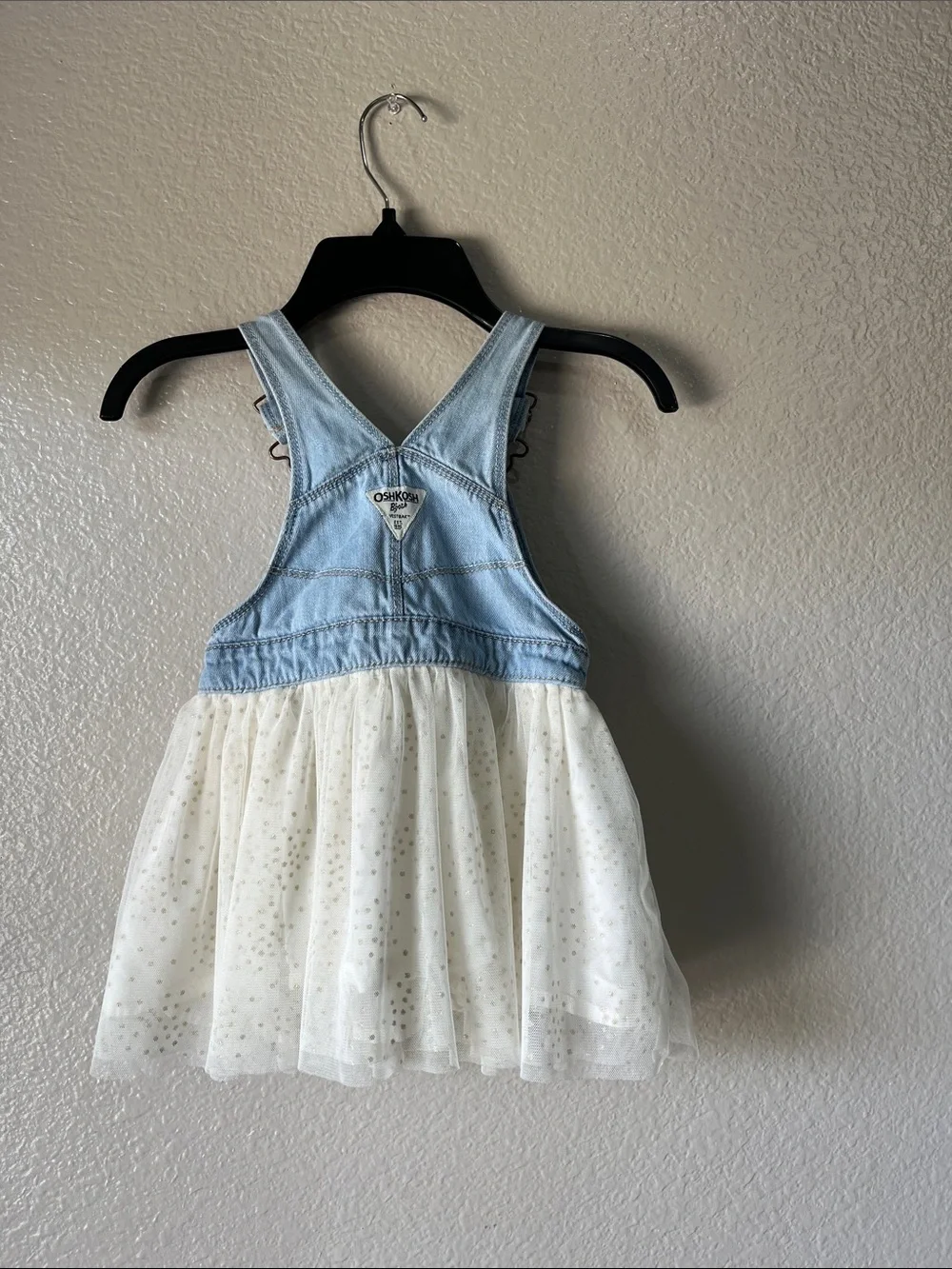 OshKosh B'gosh Light Blue Denim Overall Dress with White Tulle Skirt Sz 3T